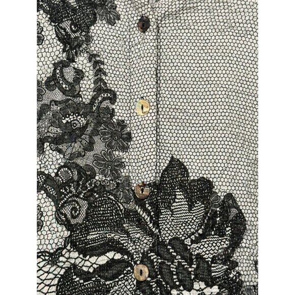 Citron Oriental Love Silk Blend Blouse Lace Like Print Black Gray 3/4 Slv Size S - Picture 2 of 9